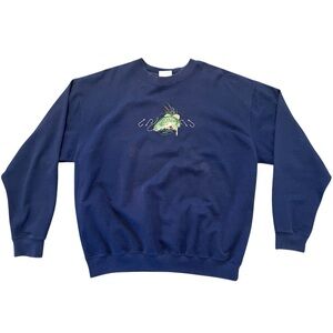 Vintage Navy Blue Men's Embroidered Fishing Crewneck Sweatshirt Sweater Size XXL